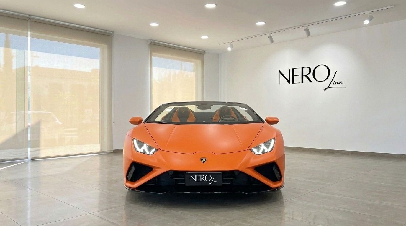 The orange Lamborghini Huracan Evo Spyder convertible is showcased from the front view in a bright Barcelona showroom.