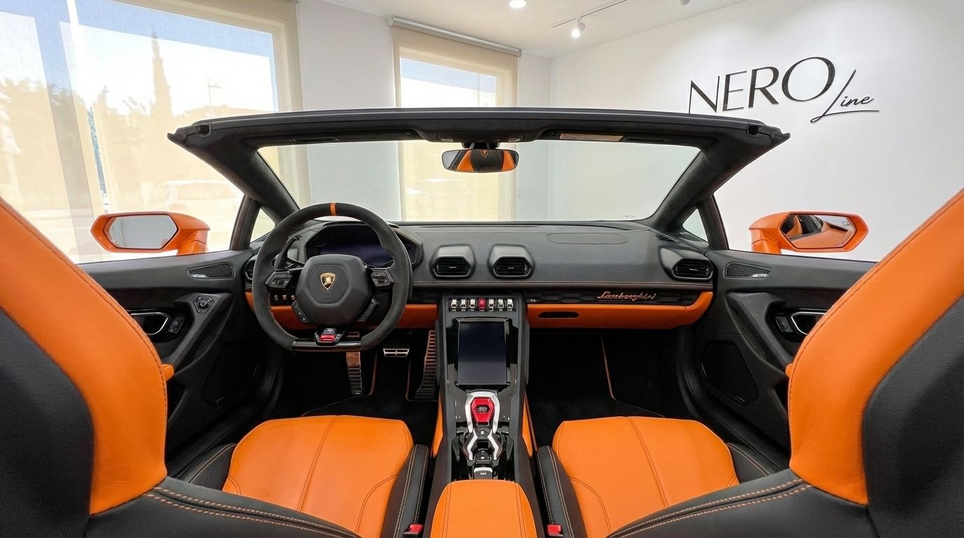 El lujoso habitáculo del Lamborghini Huracan Evo Spyder en Madrid, con asientos de cuero naranja y negro vibrantes y un elegante salpicadero.
