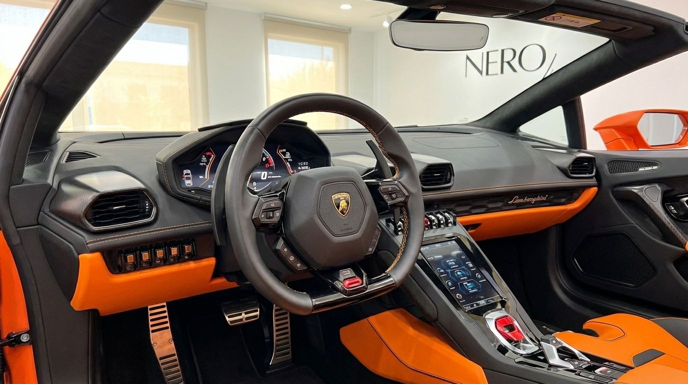 El lujoso interior del Lamborghini Huracan Evo Spyder en Madrid, mostrando el volante, el salpicadero digital y los vibrantes detalles naranjas.