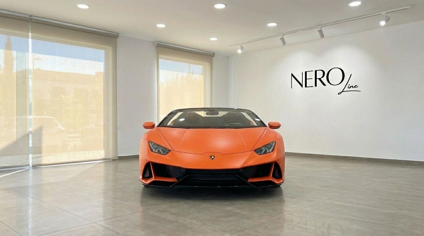 El Lamborghini Huracan Evo Spyder descapotable naranja se exhibe de frente en un luminoso concesionario de Madrid.