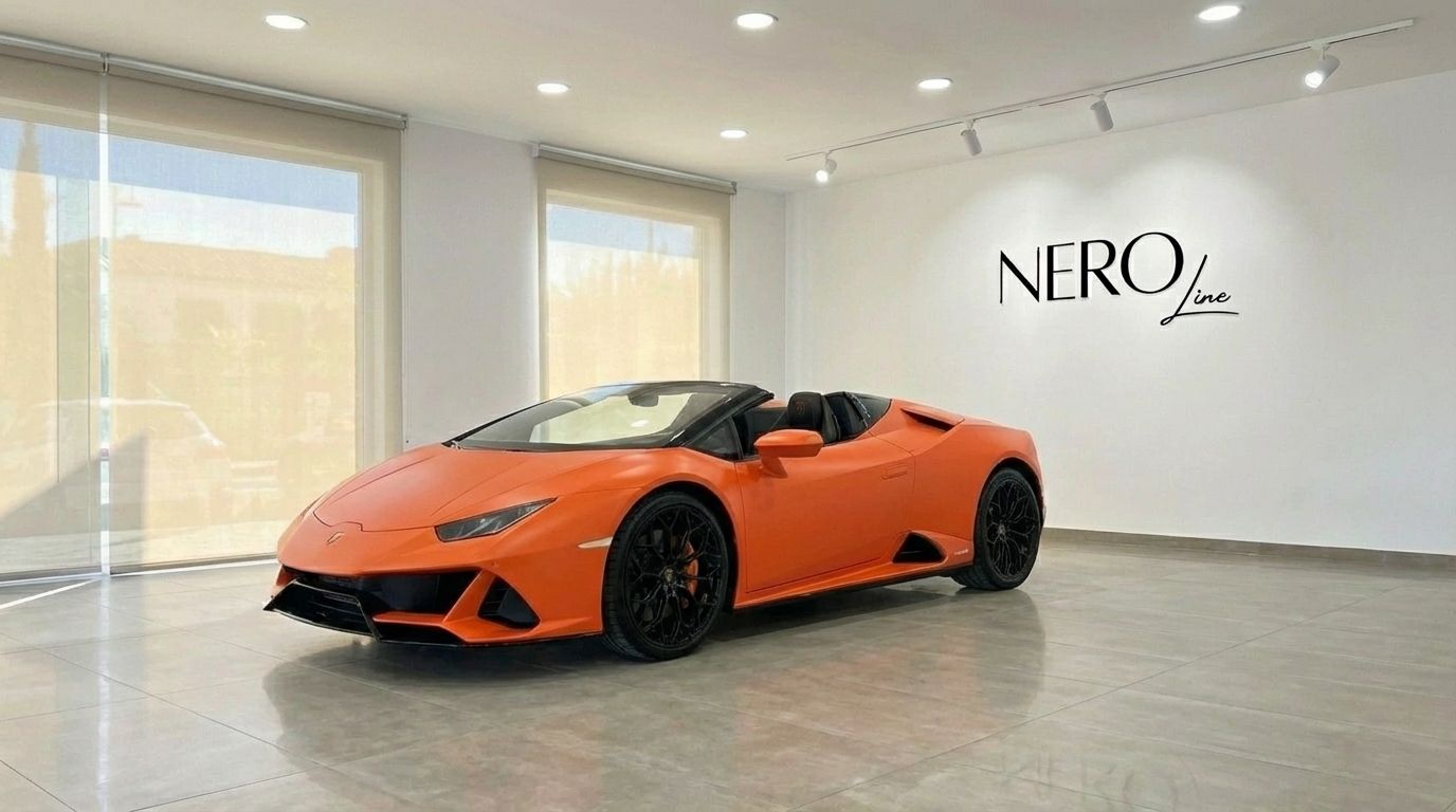 Un Lamborghini Huracan Evo Spyder descapotable naranja está aparcado en una sala de exposición moderna en Madrid, con el logo NEROline.