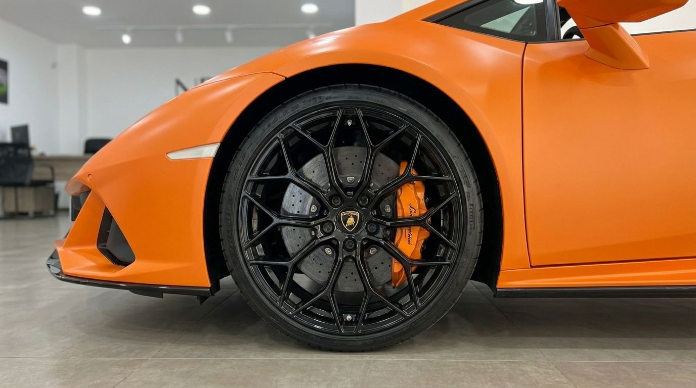 Primer plano de la rueda delantera del Lamborghini Huracan Evo Spyder naranja, mostrando la llanta negra y la pinza de freno naranja en Madrid.
