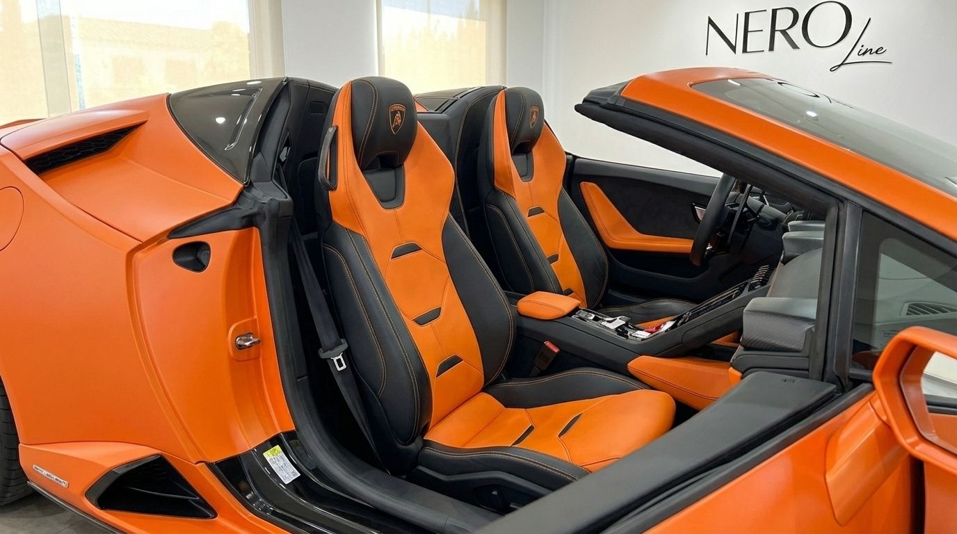 Los vibrantes asientos deportivos naranjas y negros del Lamborghini Huracan Evo Spyder se muestran prominentemente en Madrid.