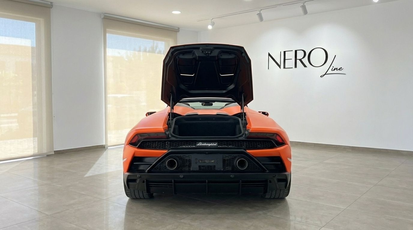 El Lamborghini Huracan Evo Spyder naranja se ve desde la parte trasera con el maletero abierto, aparcado en un concesionario en Madrid.