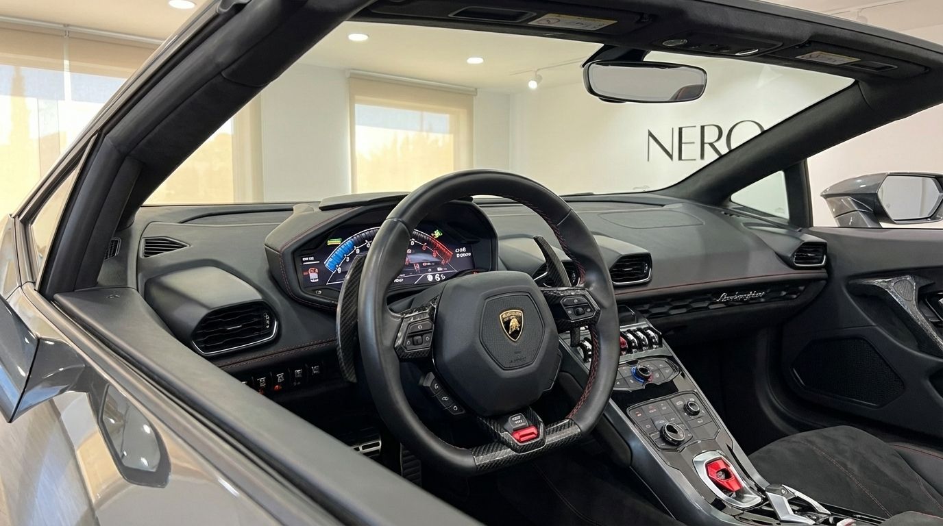 Lamborghini Huracan Evo Spyder interior, showing the steering wheel, digital dashboard, and central console, located in Barcelona.