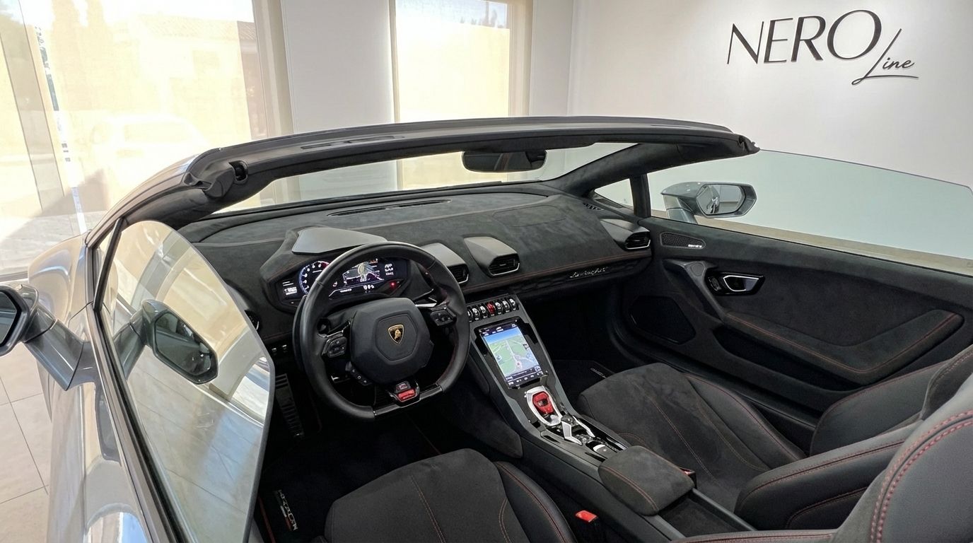 The luxurious interior of the Lamborghini Huracan Evo Spyder, featuring its steering wheel, dashboard, and central console with the roof down, in Barcelona.