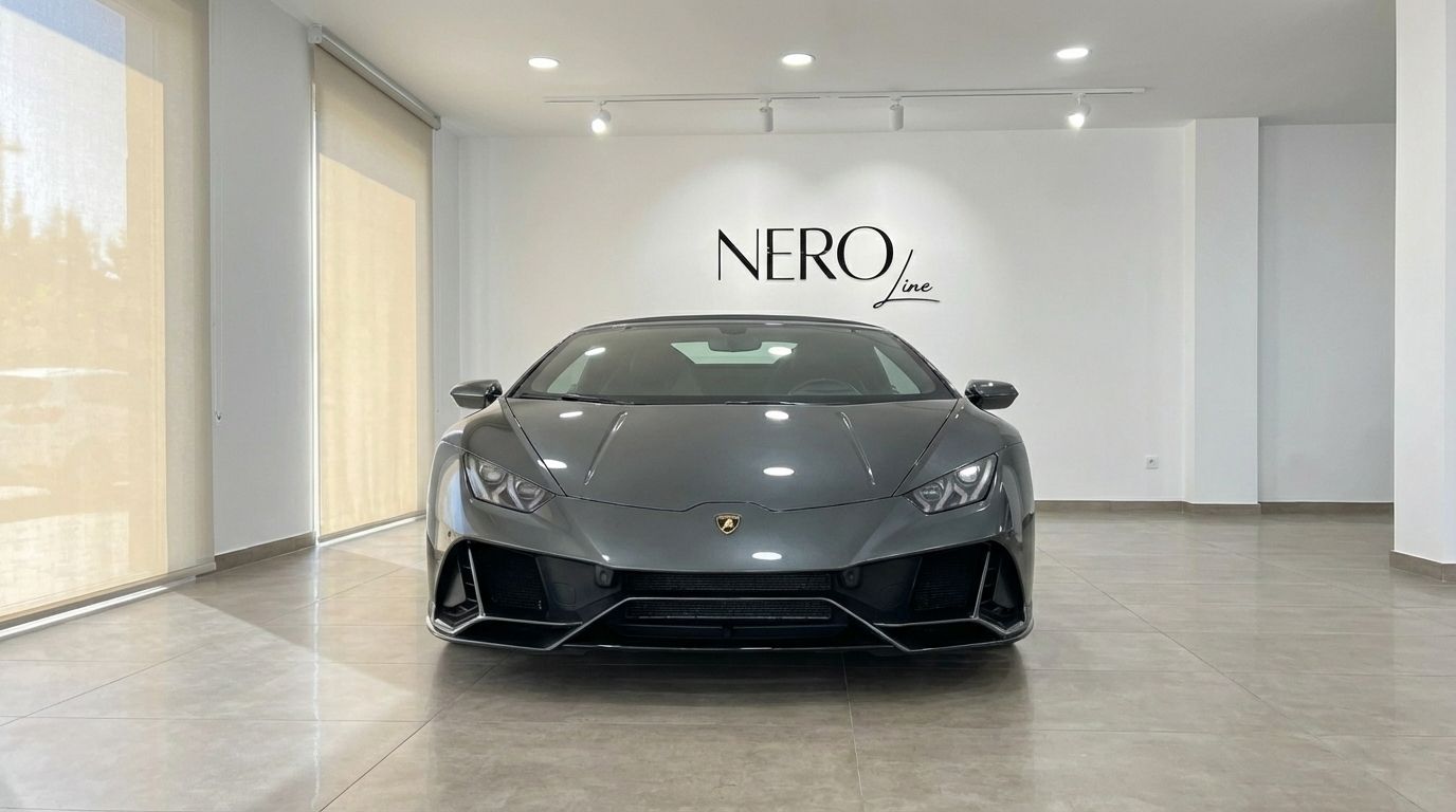 The metallic grey Lamborghini Huracan Evo Spyder is showcased from the front in a bright NeroLine showroom in Barcelona.