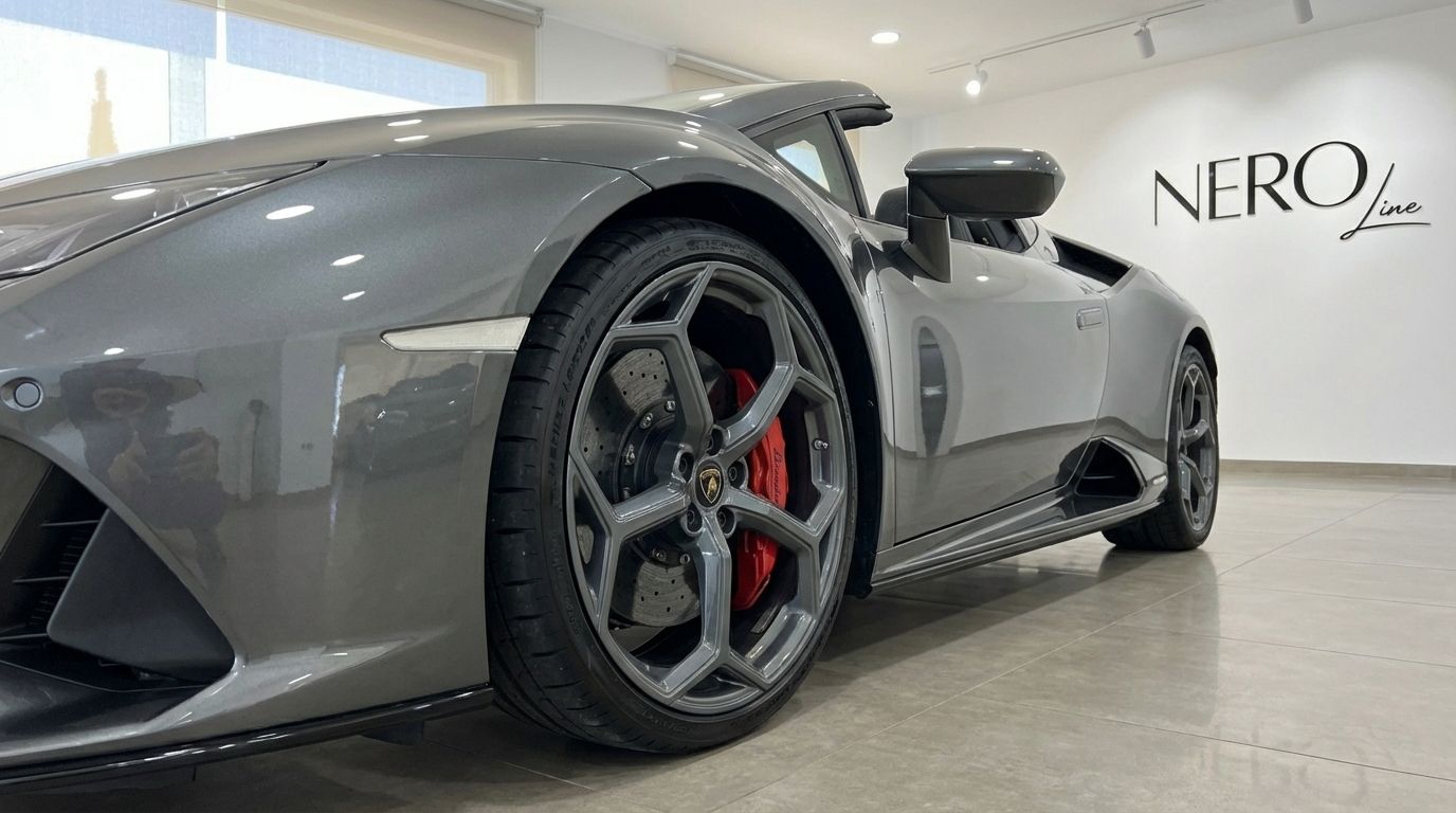 The metallic grey Lamborghini Huracan Evo Spyder's front wheel with red calipers and sleek side profile in a Barcelona showroom.