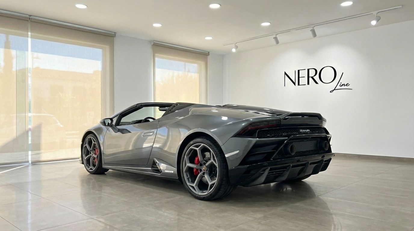 The metallic grey Lamborghini Huracan Evo Spyder convertible is shown from a rear three-quarter angle in a showroom in Barcelona.