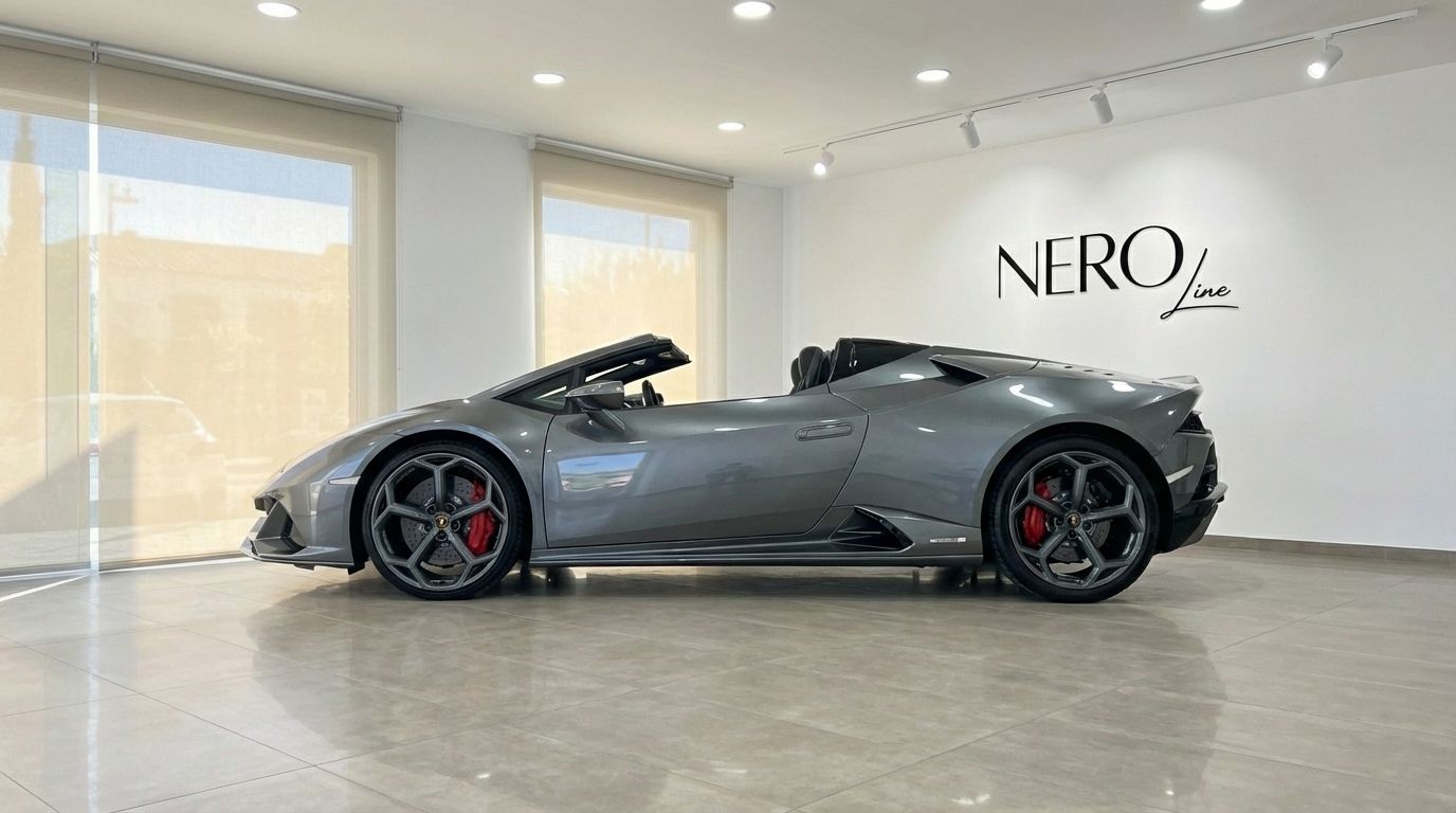 A metallic grey Lamborghini Huracan Evo Spyder convertible with its top down, parked in a bright showroom in Barcelona, showcasing its sleek side profile.