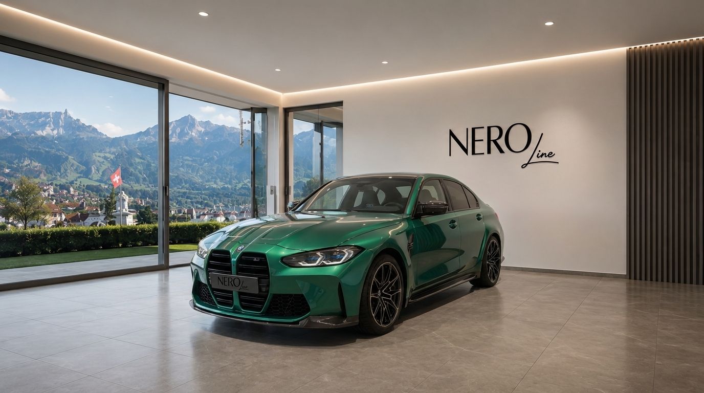 The green BMW M3 G80 XDrive Competition is parked in a modern showroom with a panoramic view of the Zurich mountains.