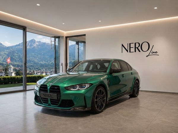 BMW M3 G80 XDrive Competition — Showroom Zurich The green BMW M3 G80 XDrive Competition is parked in a modern showroom with a panoramic view of the Zurich mountains.