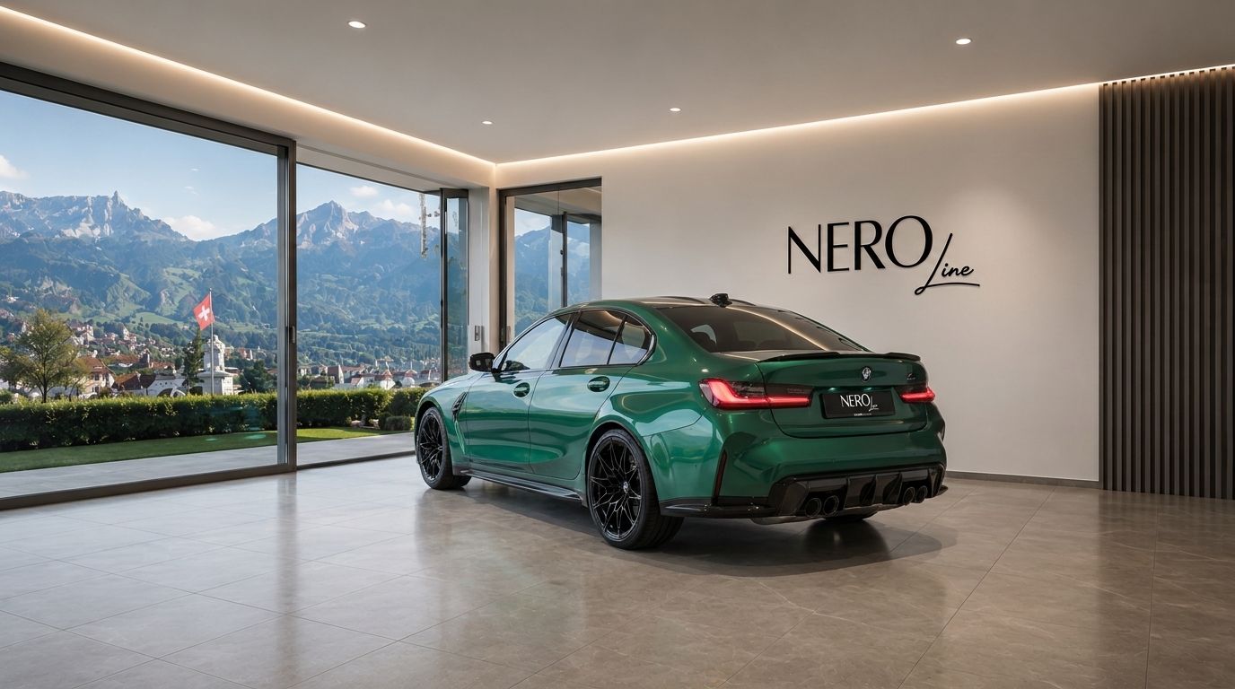 The green BMW M3 G80 XDrive Competition is parked in a modern showroom with a stunning mountain view of Zurich.
