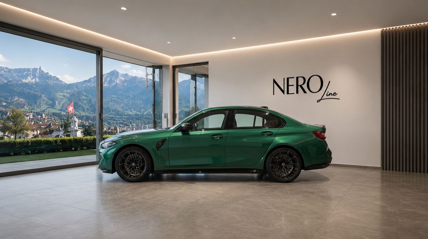The green BMW M3 G80 XDrive Competition luxury sedan's side profile is showcased in a modern Zurich showroom with mountain views.