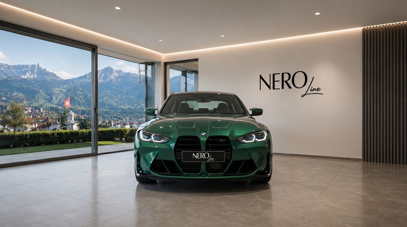 The green BMW M3 G80 XDrive Competition is parked in a showroom with a mountain view in Zurich.