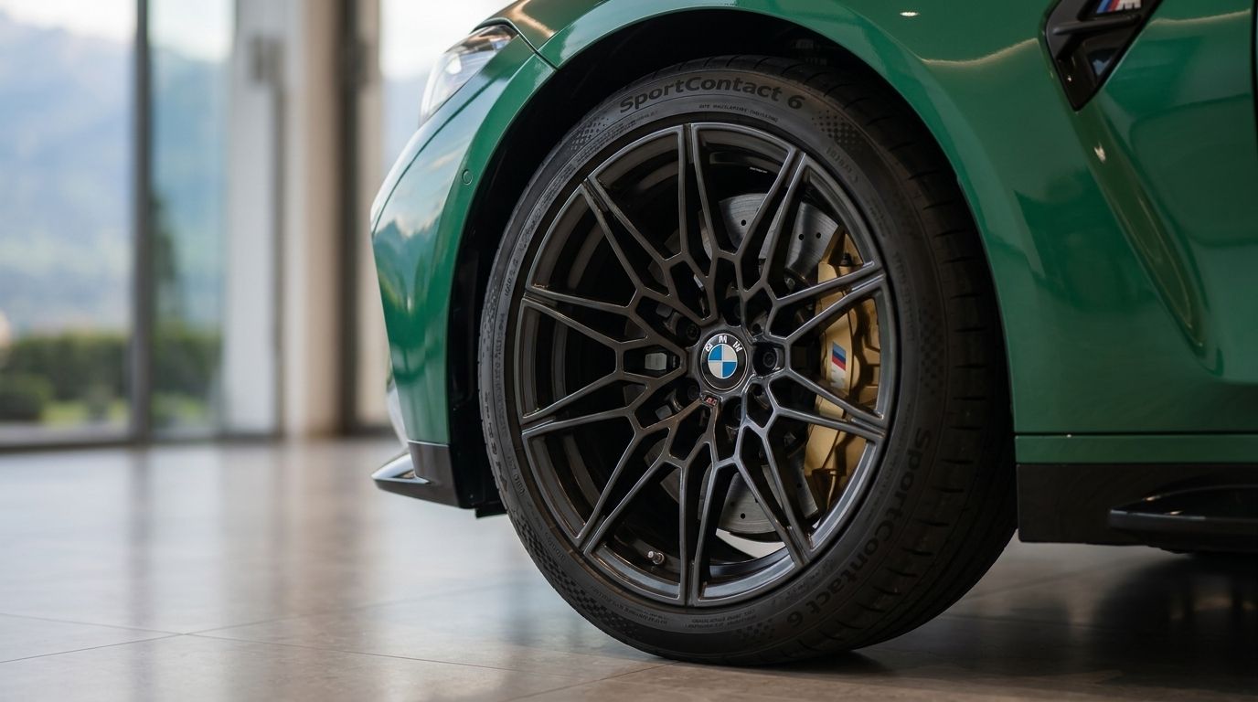 Close-up of the dark alloy front wheel and gold brake caliper on a green BMW M3 G80 XDrive Competition in Zurich.