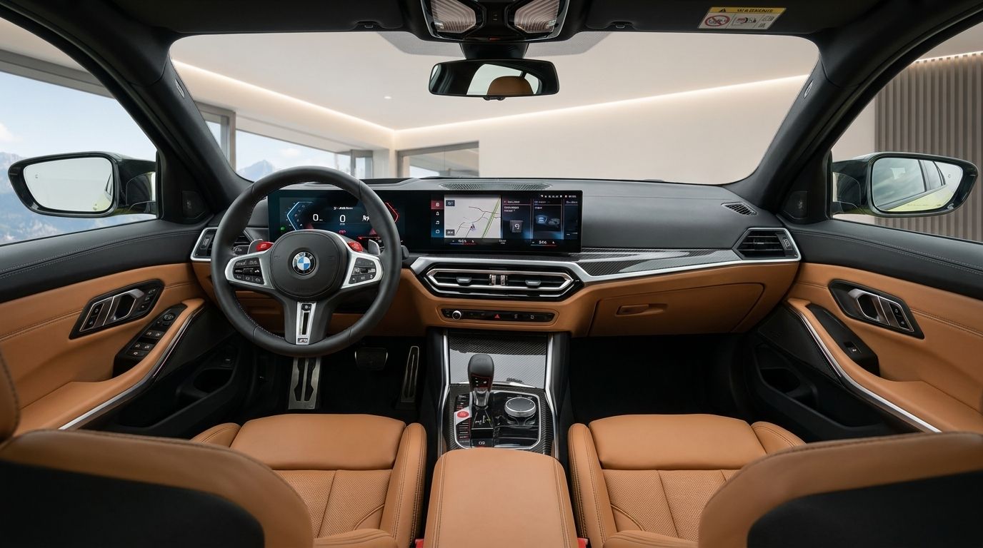 The luxurious cockpit of the BMW M3 G80 XDrive Competition features tan leather seats, a sporty steering wheel, and a modern infotainment system.