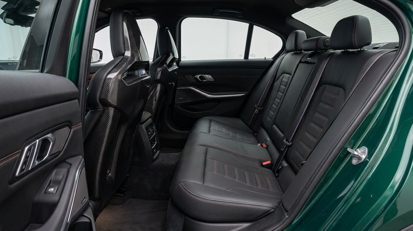 The rear interior of the BMW M3 G80 XDrive Competition in Zurich, featuring black leather seats with orange stitching and carbon fiber front seatbacks.