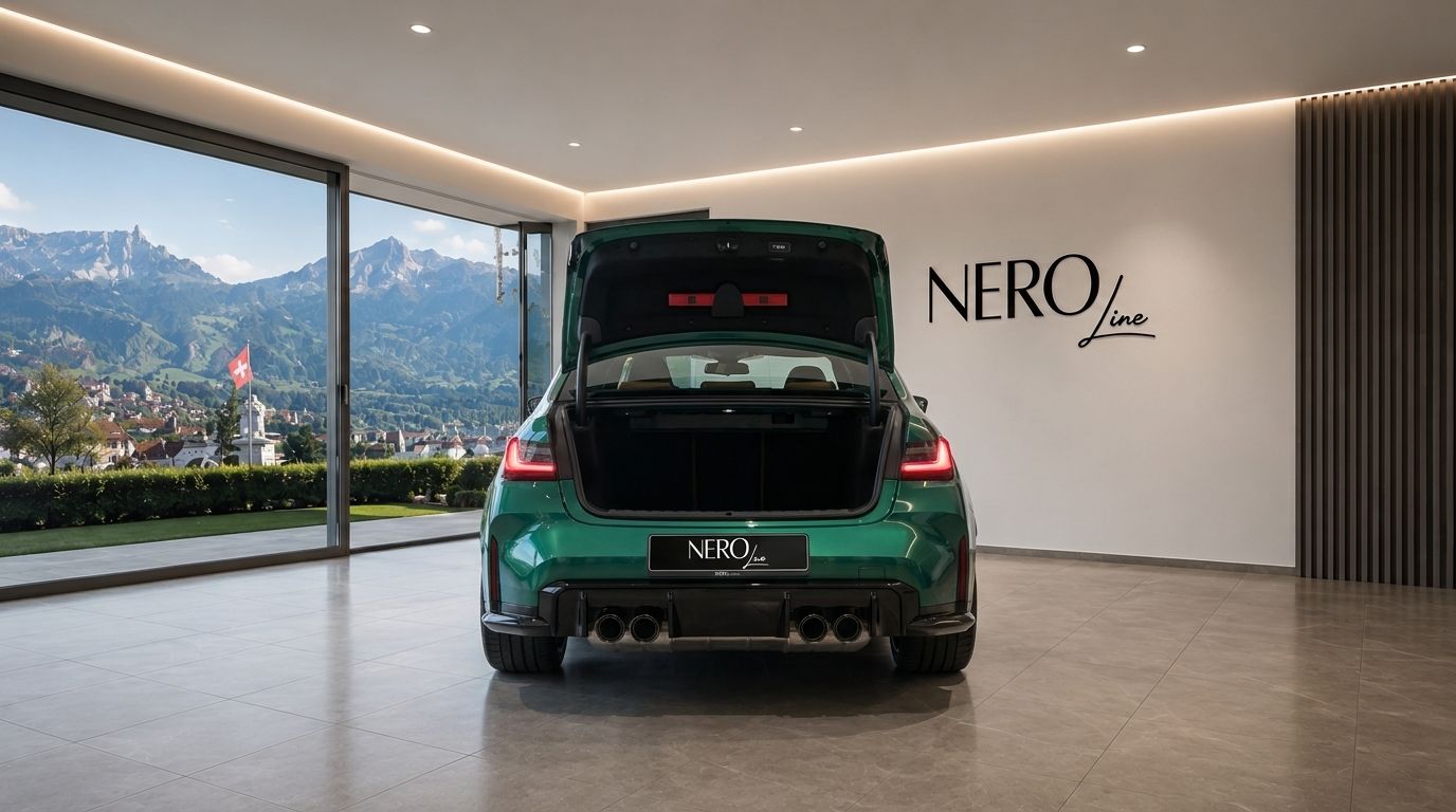 The rear view of a green BMW M3 G80 XDrive Competition with its trunk open, in a Zurich showroom overlooking mountains.