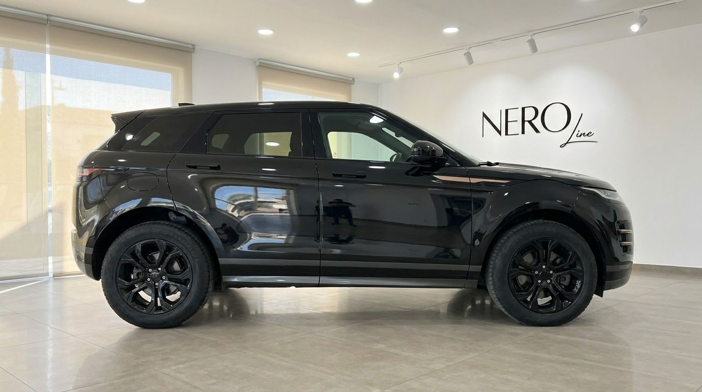 The black 2022 Land Rover Range Rover Evoque R-Dynamic is displayed from its side profile in a showroom in Alicante.