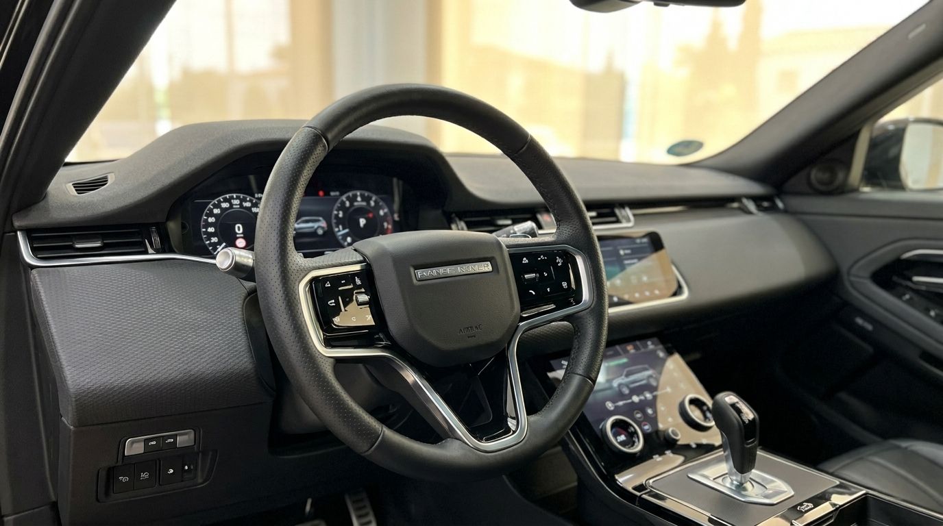 The luxurious interior of the Land Rover Range Rover Evoque R-Dynamic (2nd) in Alicante, showcasing the steering wheel and dashboard.