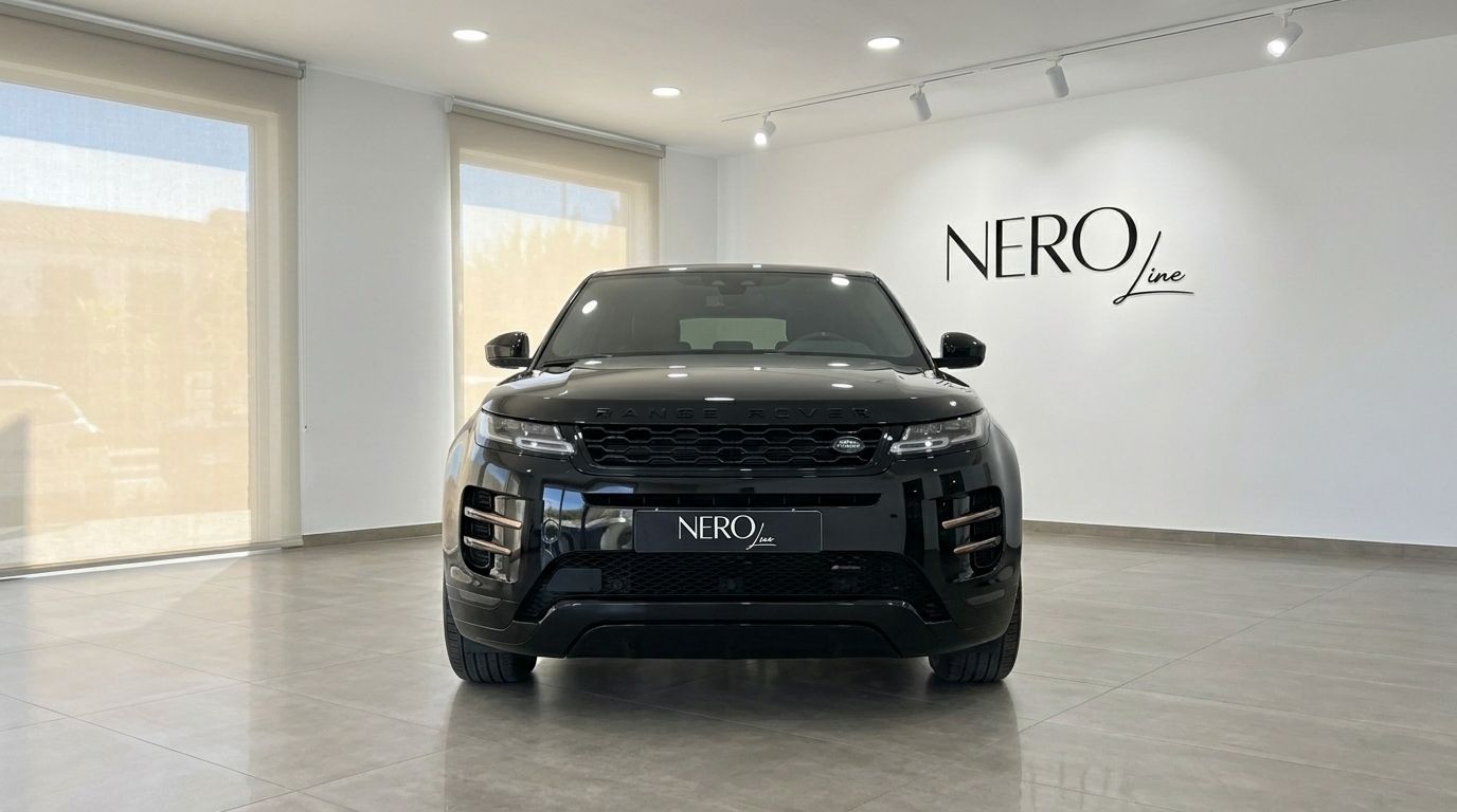 Front view of a glossy black Land Rover Range Rover Evoque R-Dynamic in a bright showroom in Alicante.