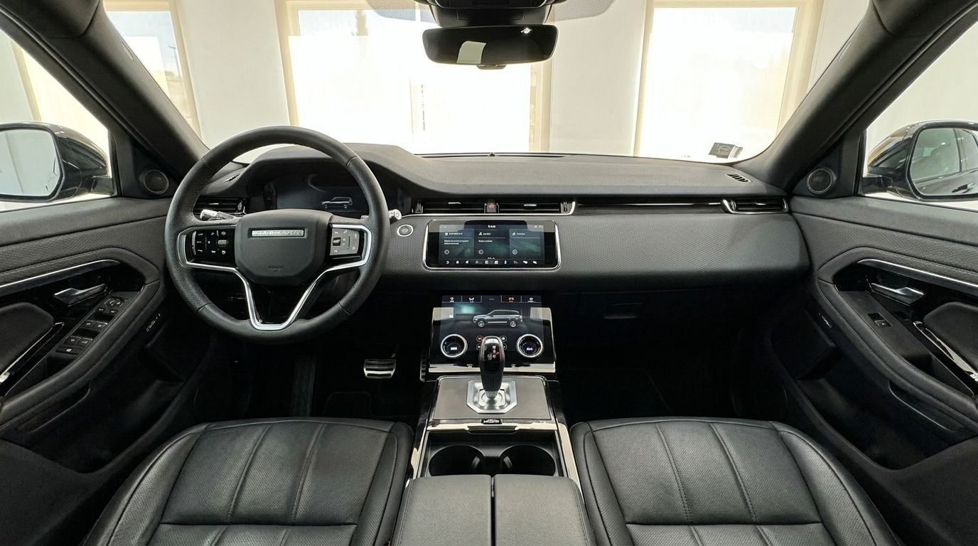 The luxurious black leather interior and modern cockpit of the 2022 Land Rover Range Rover Evoque R-Dynamic in Alicante.