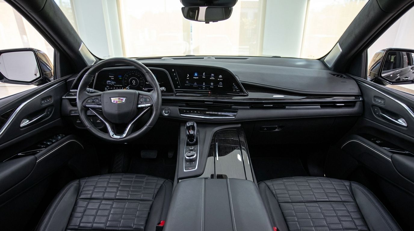 Luxurious interior of the Cadillac Escalade in Barcelona, featuring the steering wheel, digital dashboard, and infotainment display.