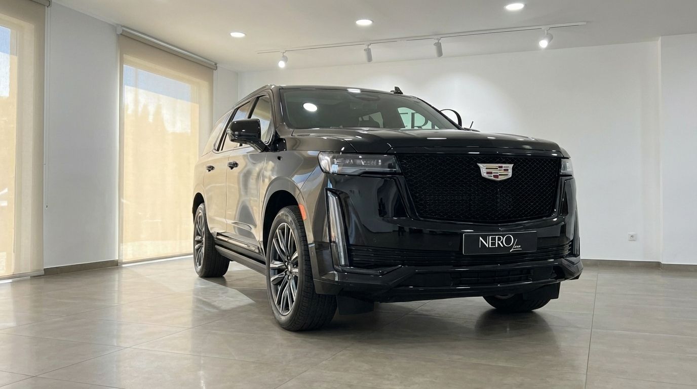 A sleek black Cadillac Escalade SUV is parked indoors, captured from a front-three-quarter angle in Barcelona.
