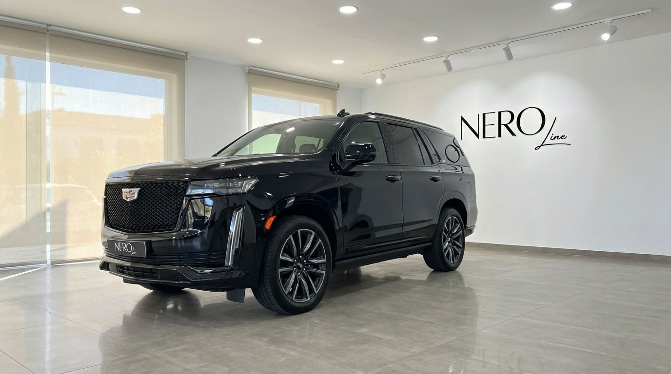 The black 2024 Cadillac Escalade is showcased from a front three-quarter view inside a bright showroom in Barcelona.