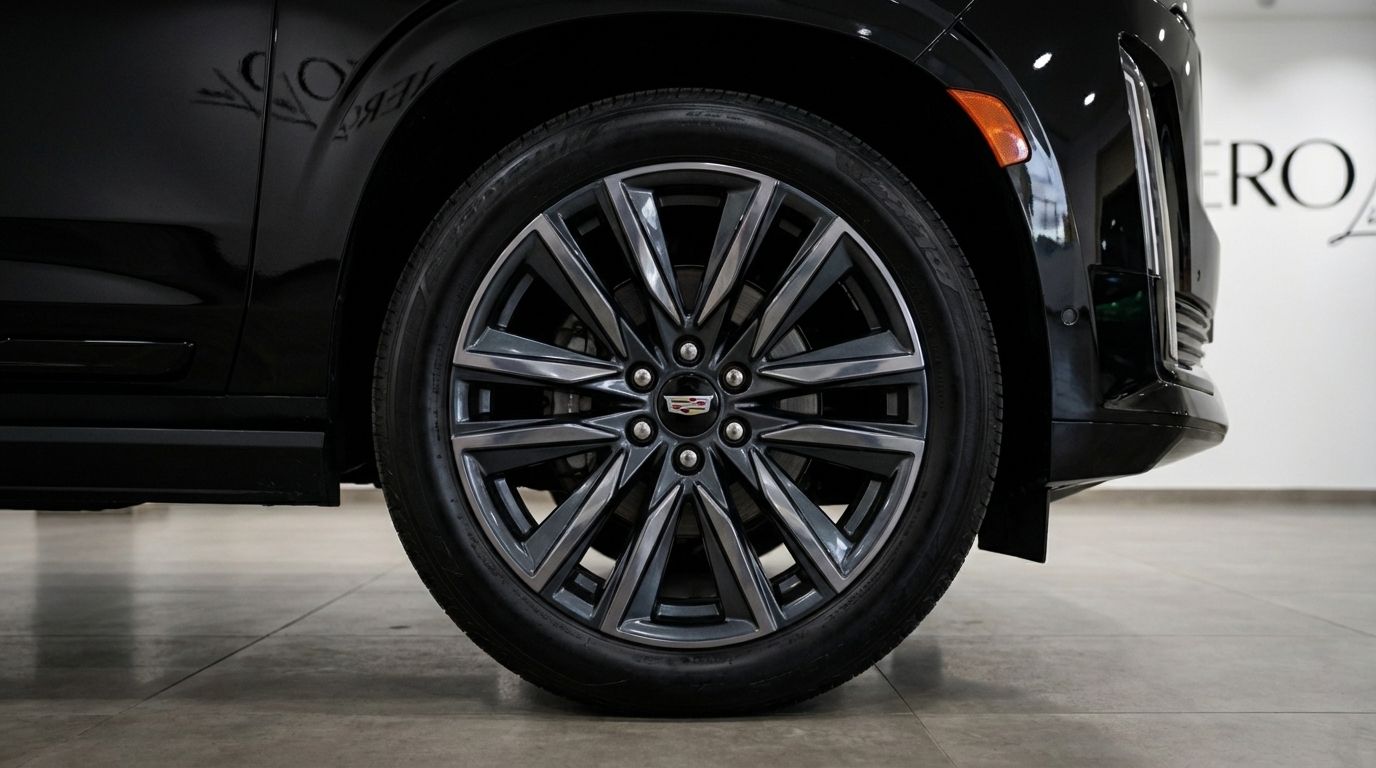 A close-up of the black 2024 Cadillac Escalade's front wheel and part of the front fender in Barcelona.