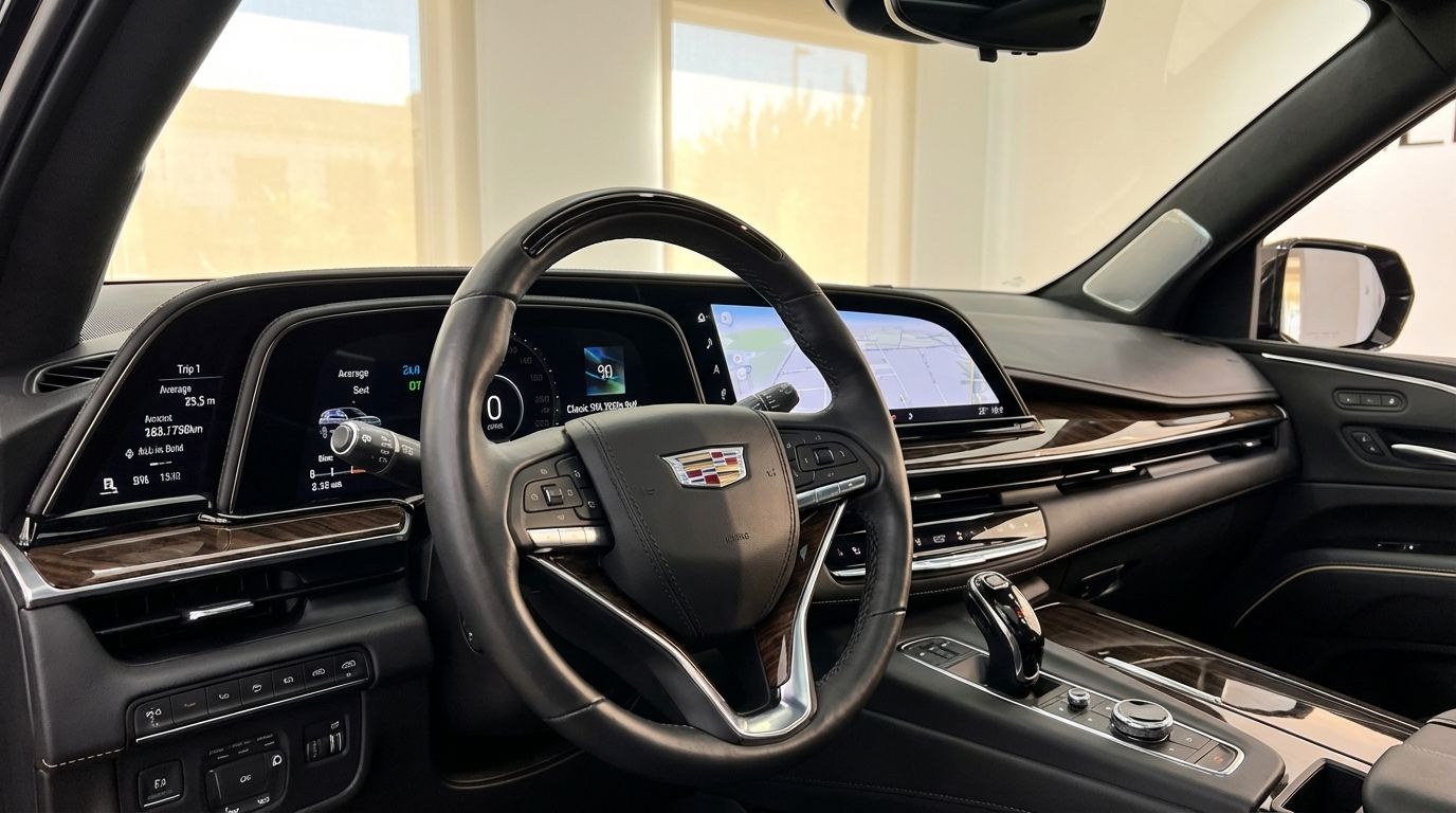 The luxurious interior of the 2024 Cadillac Escalade in Barcelona, featuring the steering wheel, digital dashboard, and infotainment screen.