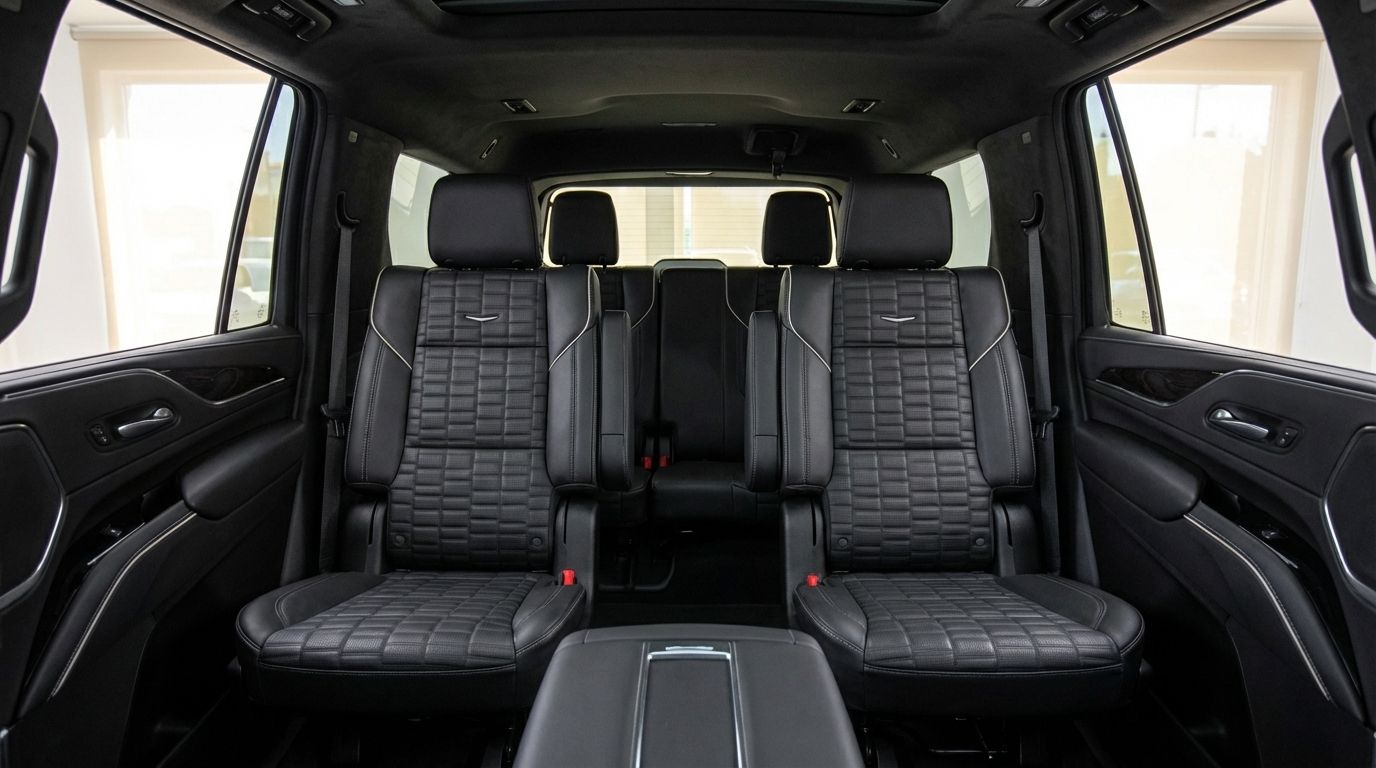 The luxurious black quilted leather rear seats and spacious interior of the 2024 Cadillac Escalade are visible in Barcelona.