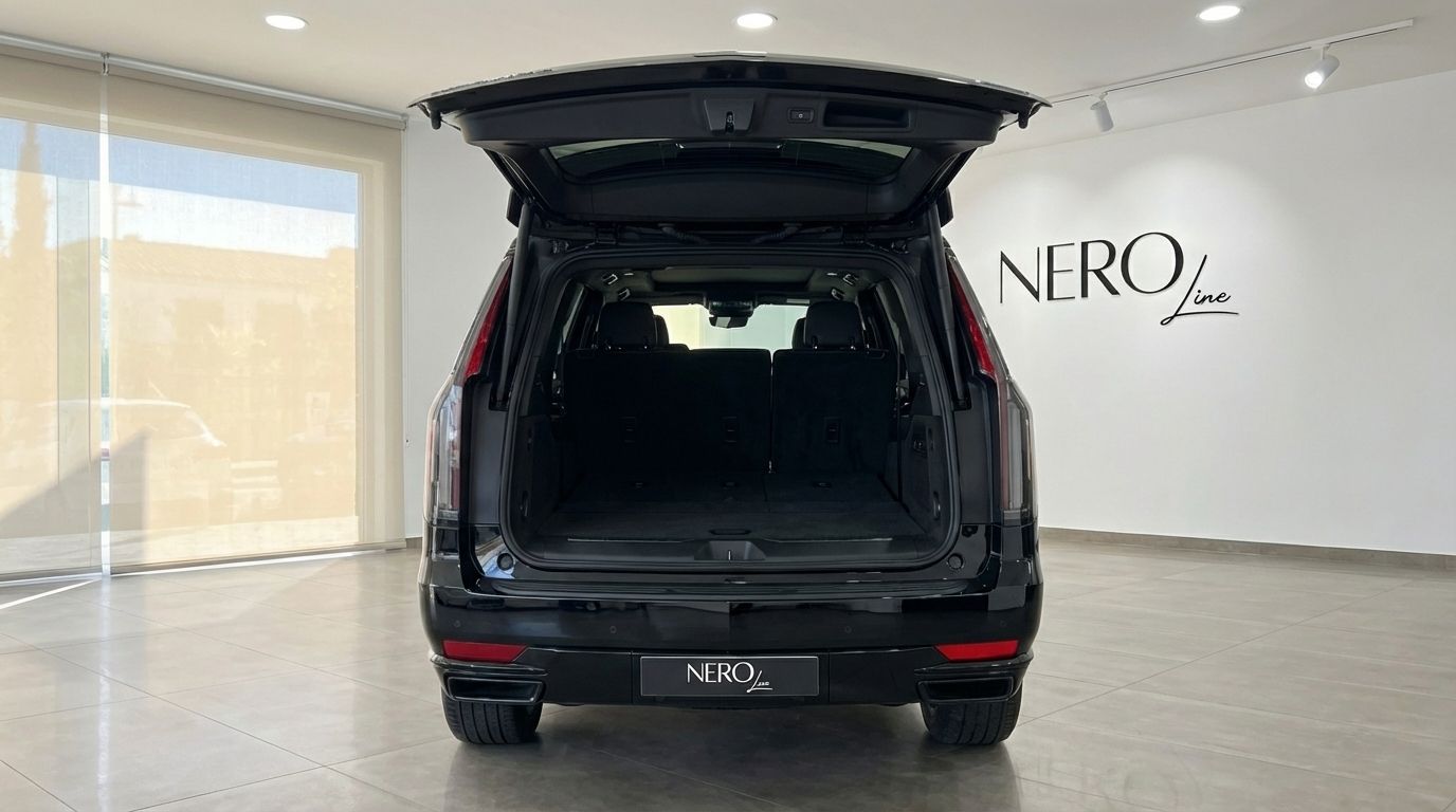 The black 2024 Cadillac Escalade is shown from the rear with its spacious trunk open in Barcelona.