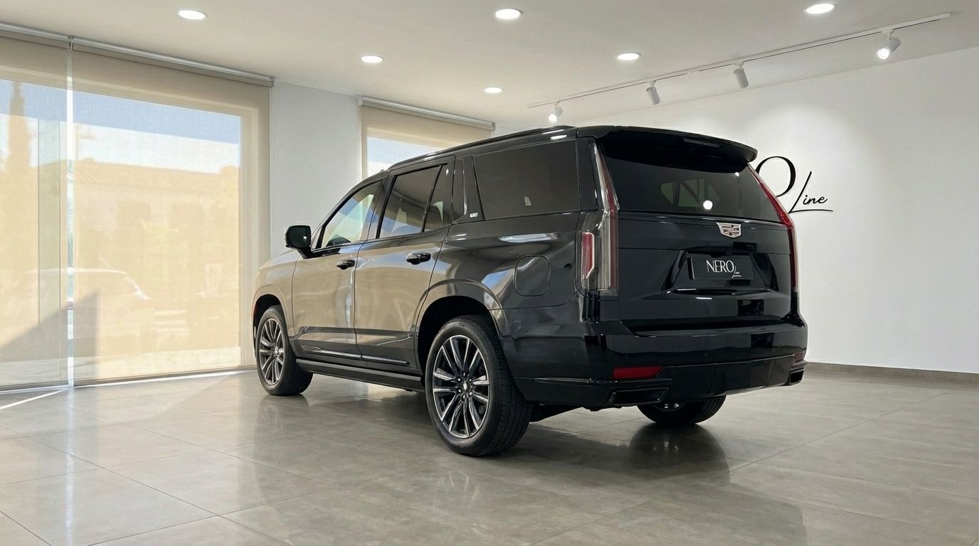 A sleek black 2024 Cadillac Escalade is showcased from a rear three-quarter angle inside a modern showroom in Barcelona.