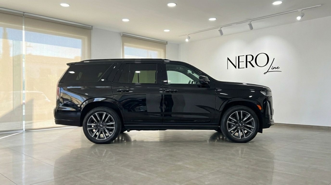 The black 2024 Cadillac Escalade is showcased from its side profile in a modern showroom in Barcelona.