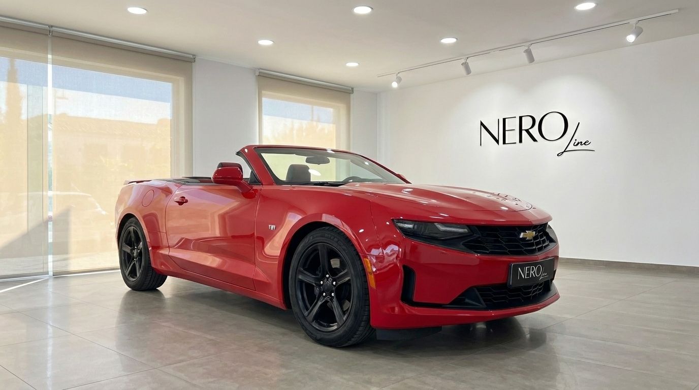 Um Chevrolet Camaro descapotável vermelho brilhante, com a capota abaixada, está estacionado num stand em Alicante.