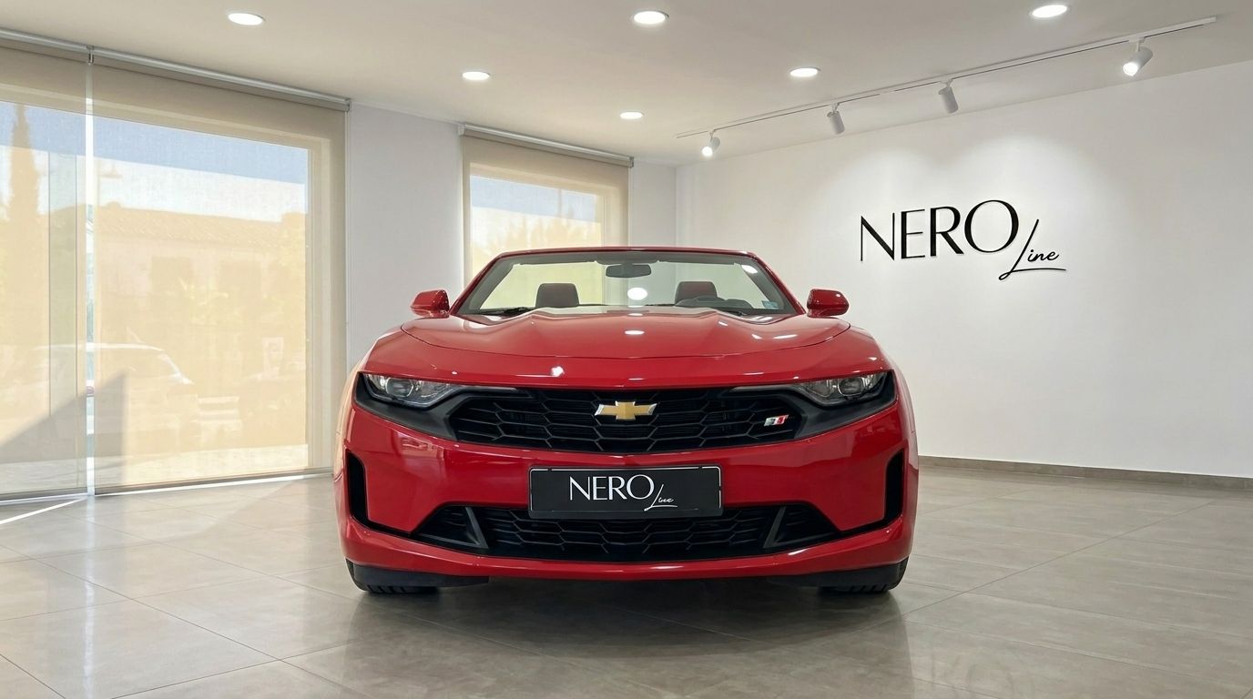 Um impressionante Chevrolet Camaro conversível vermelho, visto de frente com a capota abaixada, exibido num showroom em Alicante.
