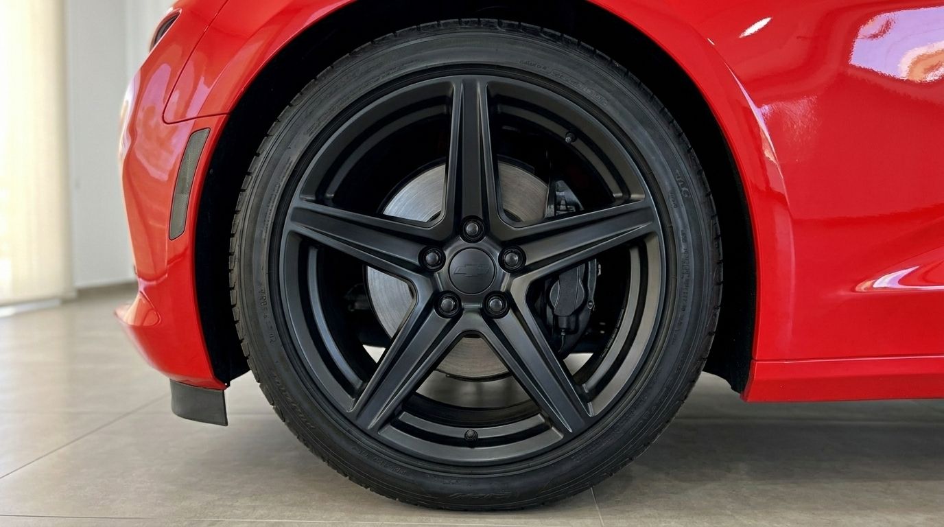Detalhe da roda dianteira do Chevrolet Camaro vermelho brilhante, exibindo a jante preta de cinco raios e o sistema de travagem em Alicante.