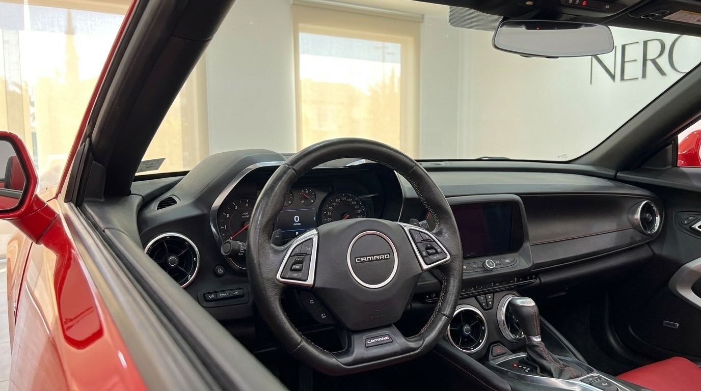 O cockpit interior do Chevrolet Camaro conversível 2020, exibindo o volante e o painel em Alicante.