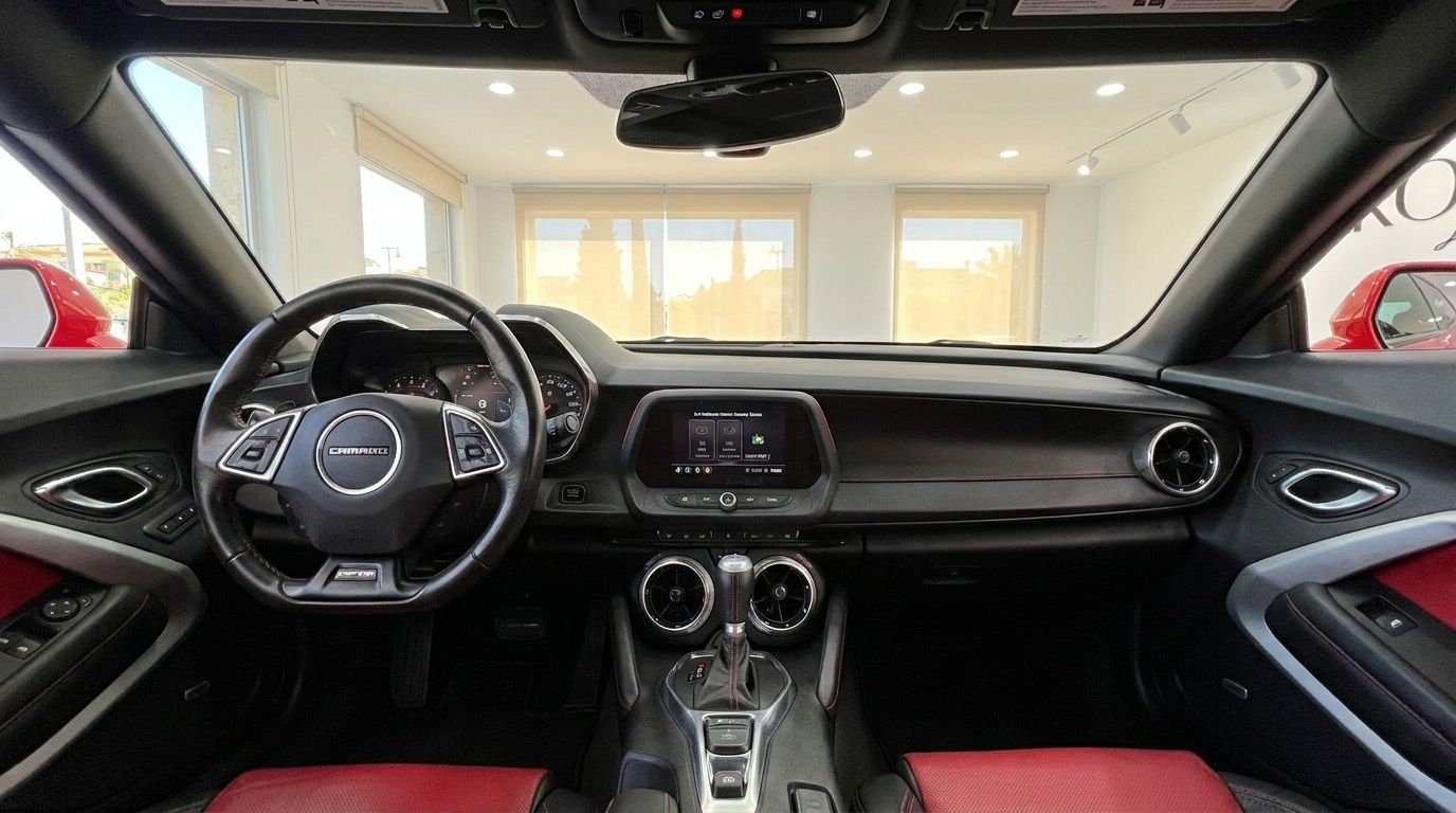 O interior luxuoso do Chevrolet Camaro 2020 em Alicante, destacando seu volante, painel e bancos de couro vermelho.