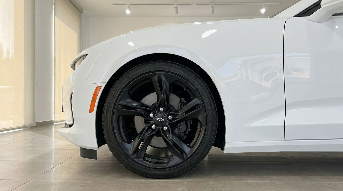 The gloss white Chevrolet Camaro Cabrio 3.6 is shown from the front left, highlighting its black multi-spoke wheel in Alicante.