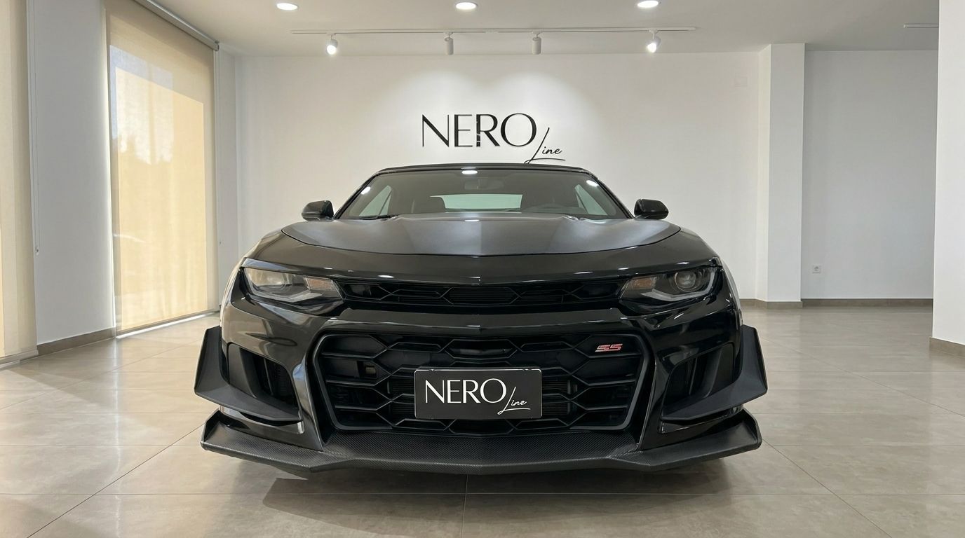 O elegante Chevrolet Camaro Cabriolet 2021 preto, com a sua grelha frontal agressiva e faróis, exposto num showroom em Alicante.
