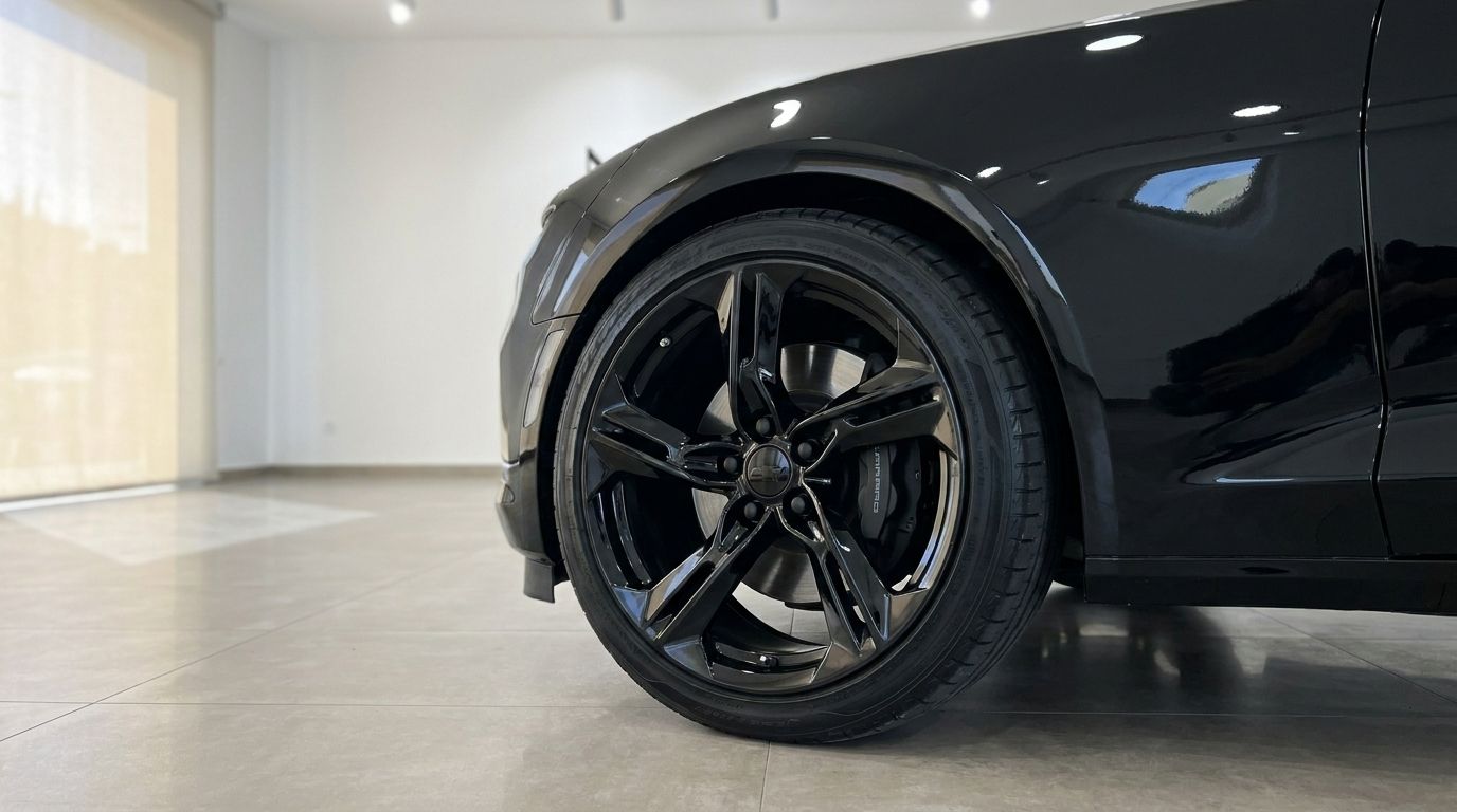 A roda dianteira e o para-lama do Chevrolet Camaro Cabriolet preto brilhante, destacando a jante de liga leve e a pinça de travão pretas, em Alicante.