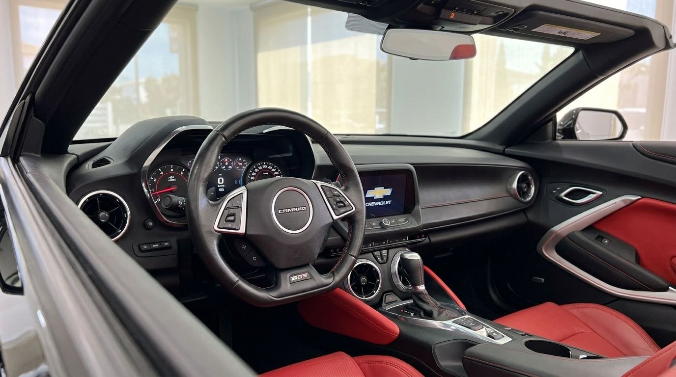O luxuoso interior do Chevrolet Camaro Cabriolet em Alicante, com seu painel preto, volante e vibrantes assentos de couro vermelho.