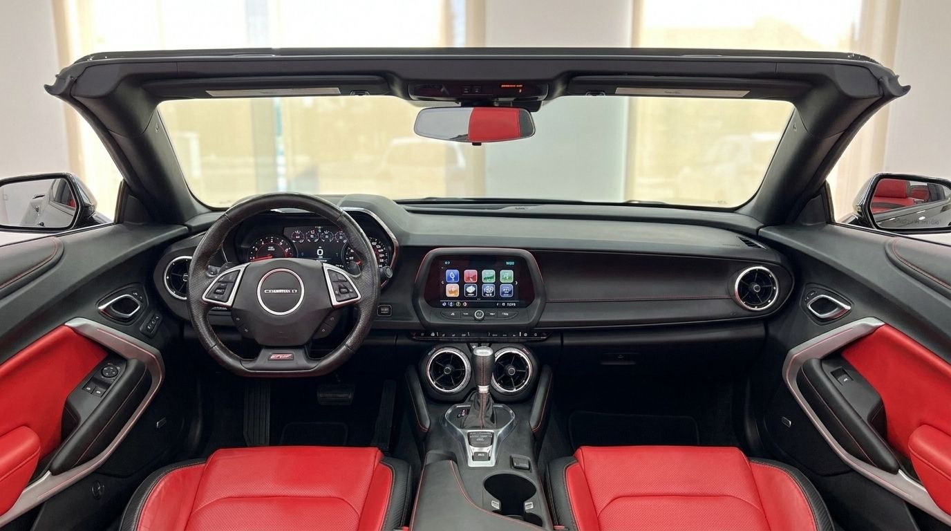 O luxuoso interior preto e vermelho do Chevrolet Camaro Cabriolet, exibindo o cockpit e o painel de instrumentos em Alicante.