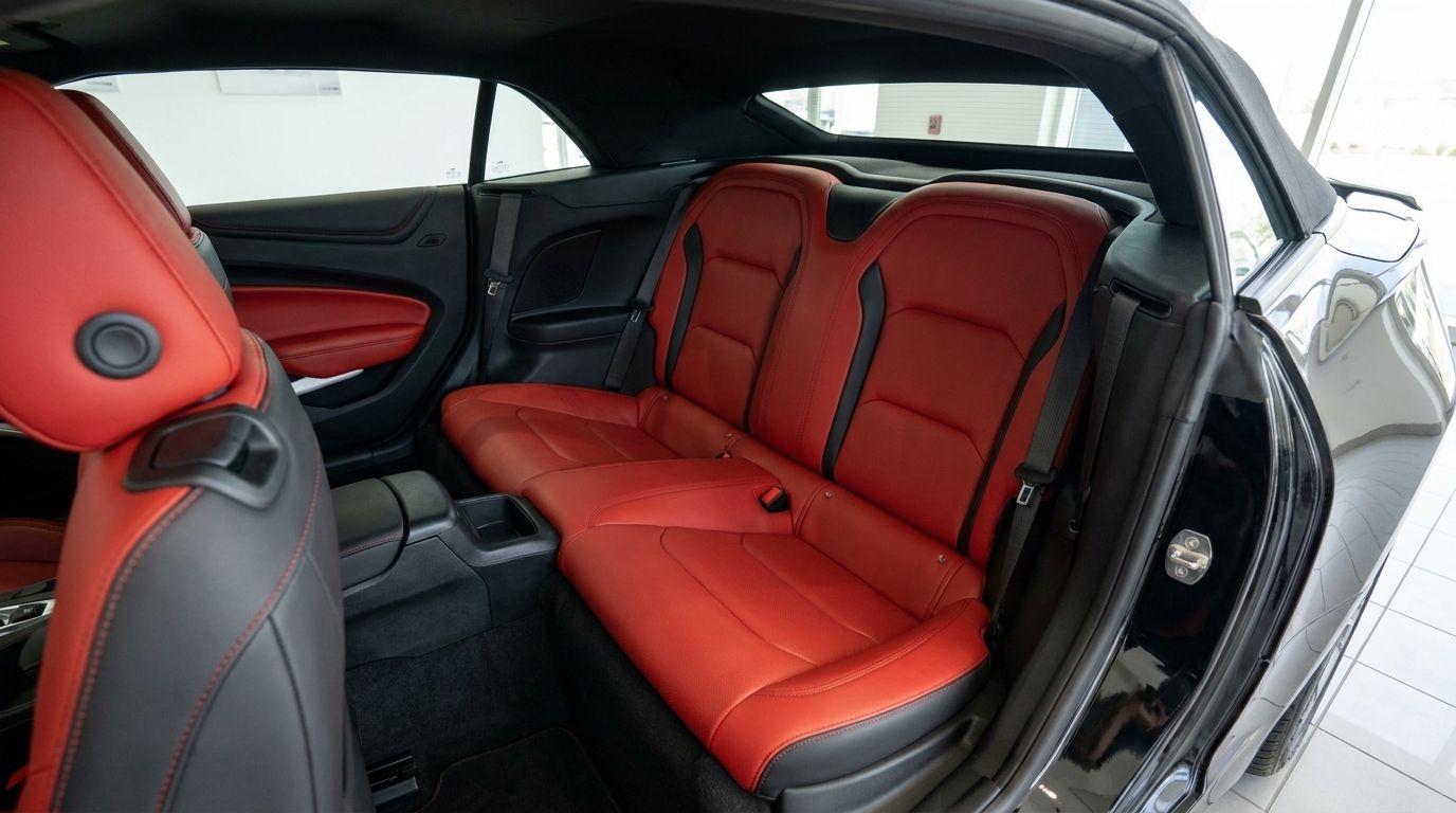 Os luxuosos bancos traseiros em couro vermelho e preto e o interior do Chevrolet Camaro Cabriolet em Alicante.