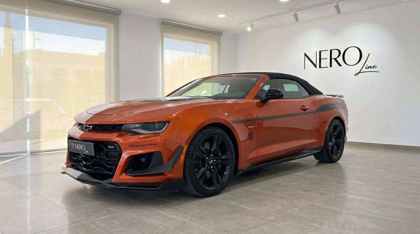A glossy metallic orange Chevrolet Camaro Cabriolet, a convertible sports car, is displayed in a showroom in Alicante, Spain, from a front three-quarter view.