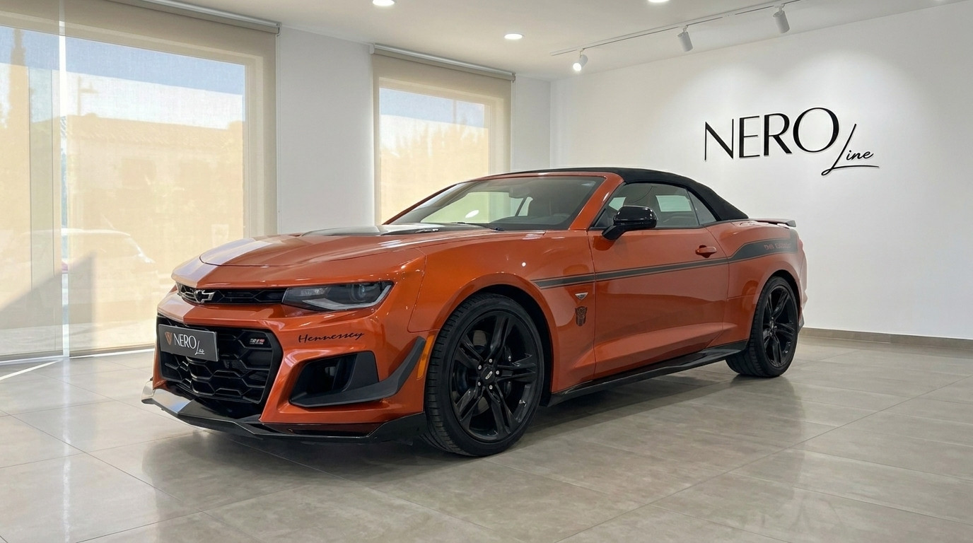 Chevrolet Camaro Cabriolet — Showroom in Alicante A glossy metallic orange Chevrolet Camaro Cabriolet, a convertible sports car, is displayed in a showroom in Alicante, Spain, from a front three-quarter view.