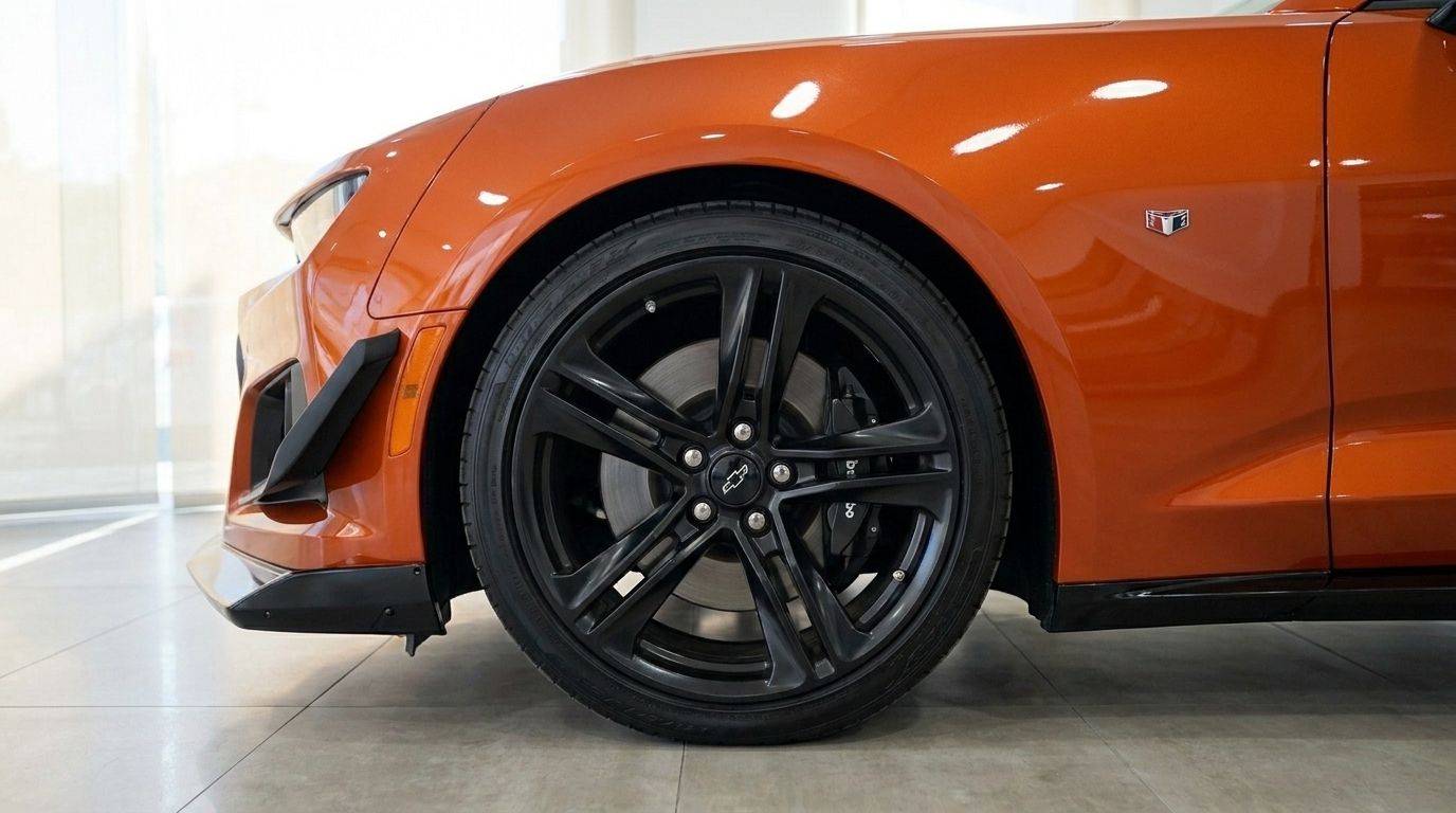 The Gloss Metallic Orange Chevrolet Camaro Cabriolet 6.2's front wheel and fender are prominently displayed in Alicante.